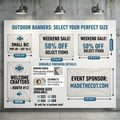 Infographic showing custom outdoor vinyl banner sizes 2 x 3, 3x5,4x6, 4x8 with a close-up of durable hemmed edges and rust-resistant brass grommets by Made The Cut Custom Crafts