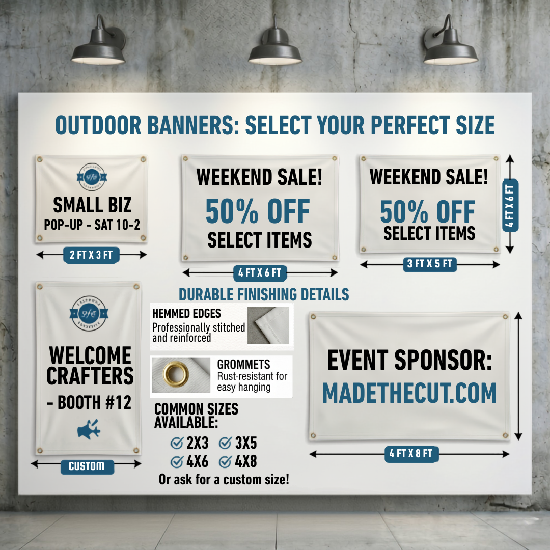Infographic showing custom outdoor vinyl banner sizes 2 x 3, 3x5,4x6, 4x8 with a close-up of durable hemmed edges and rust-resistant brass grommets by Made The Cut Custom Crafts